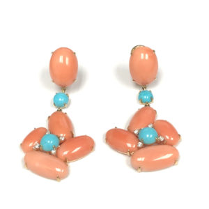 E04857-18-Karat Yellow Gold Diamond, Coral & Turquoise Earring