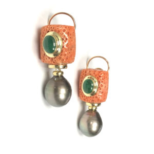 E04894-18-Karat Yellow Gold Coral, Emerald & Pearl Earring