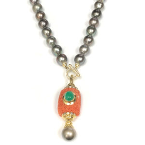 N/L03328-18-Karat Yellow Gold Diamond, Emerald, Coral & Pearl Necklace