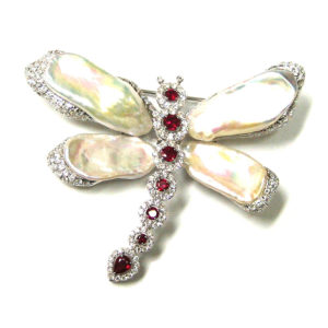 PIN01119-18-Karat White Gold Diamond, Ruby & Pearl Pin