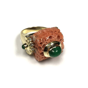 R03248-18-Karat Yellow Gold Coral, Emerald & Diamond Ring