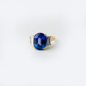Oval Blue Sapphire & Diamond Three-Stone Ring
