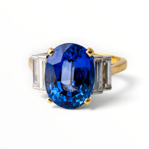 Oval Blue Sapphire & Diamond Three-Stone Ring