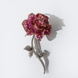 Pink Sapphire & Diamond Flower Brooch in 18kt White Gold