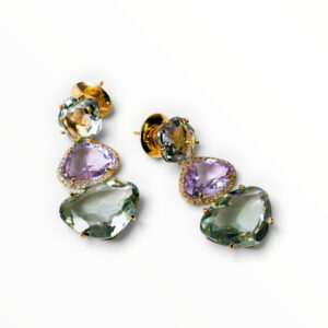 Prasiolite, Amethyst & Diamond Drop Earrings in 18kt Gold