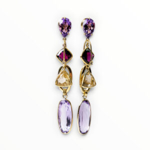 Amethyst, Garnet & Rutilated Quartz Drop Earrings in 18kt Gold