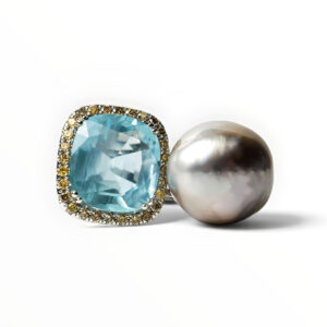 Aquamarine, Diamond & Baroque Grey South Sea Pearl Ring