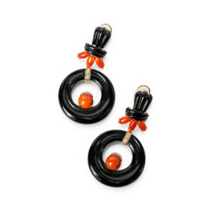 Onyx, Coral & Diamond Drop Earrings in 18kt Yellow Gold