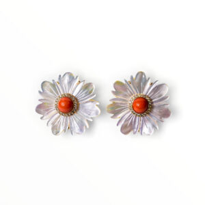 Mother of Pearl & Coral Flower Earrings in 18kt Gold