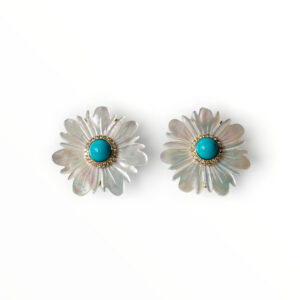Mother of Pearl & Turquoise Flower Earrings in 18kt Gold
