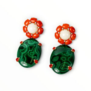 18kt Gold Coral, Malachite & Diamond Drop Earrings