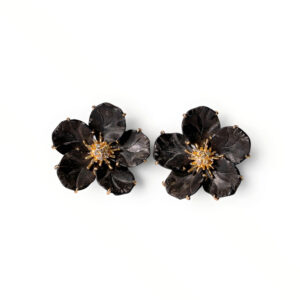 18kt Yellow Gold Carved Wood & Diamond Flower Earrings