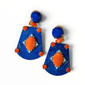 Lapis Lazuli, Coral, Turquoise & Diamond Drop Earrings