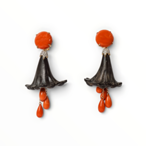 18kt Yellow Gold Coral, Carved Wood & Diamond Drop Earrings