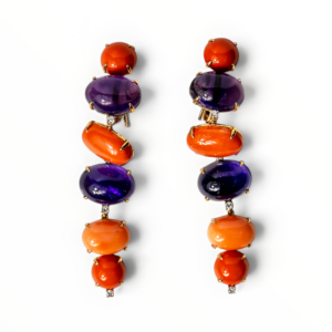 18kt Gold Coral, Amethyst & Diamond Drop Earrings